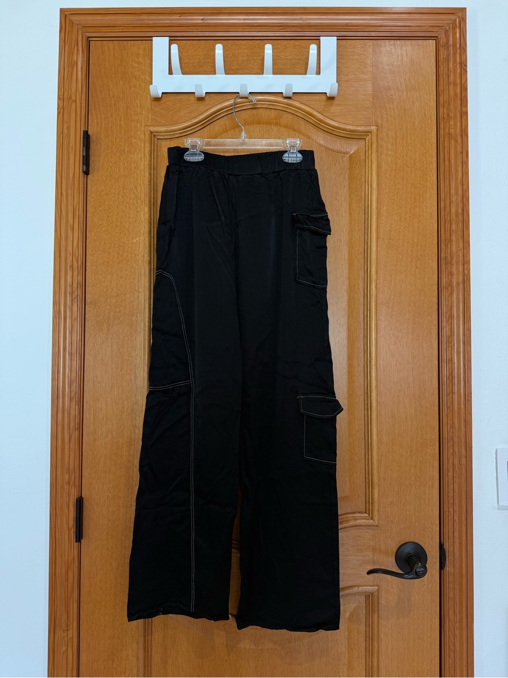 Black Cargo Satin Pants with Contrast Stitching